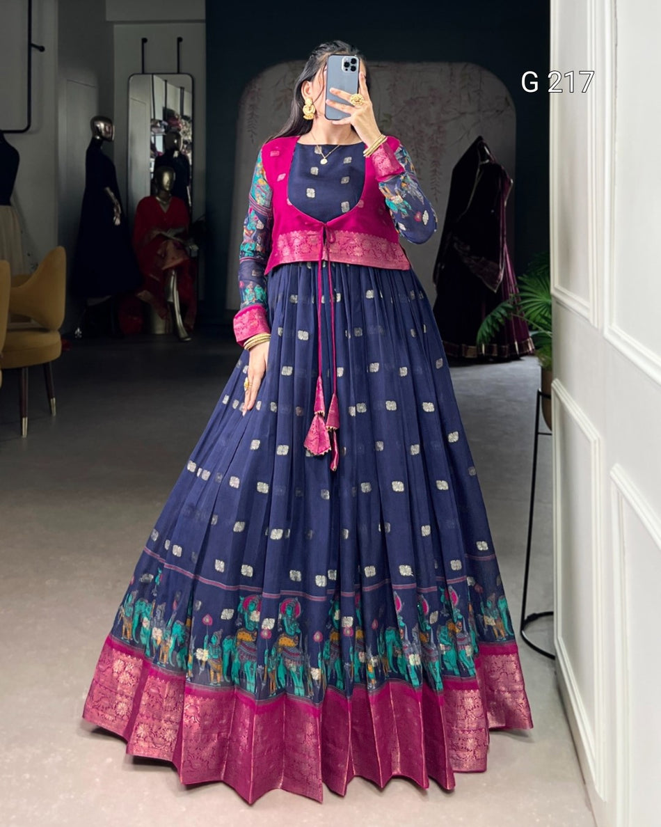 Kalamkari Print Poly Cotton Gown with Zari Weaving Work Border – G 217