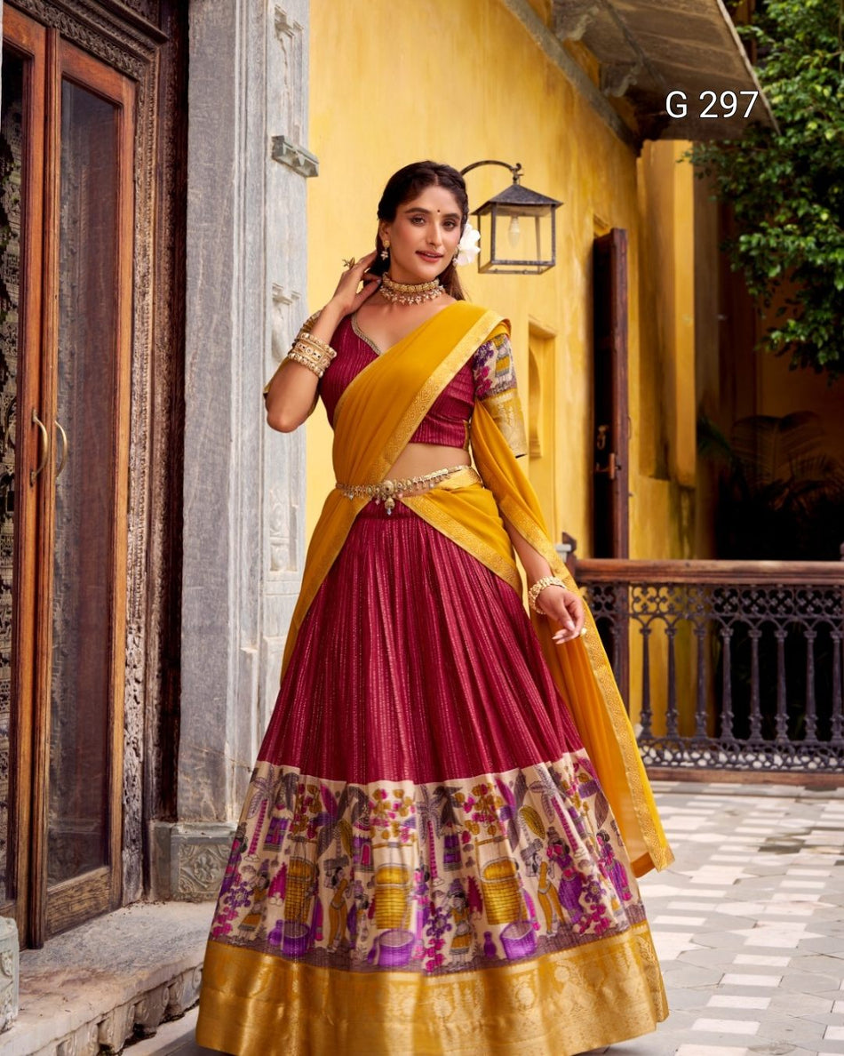 Kalamkari Printed Poly Chanderi Lehenga with Zari Weaving Work – G 297