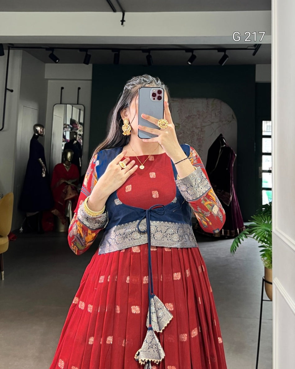 Kalamkari Print Poly Cotton Gown with Zari Weaving Work Border – G 217 Maroon