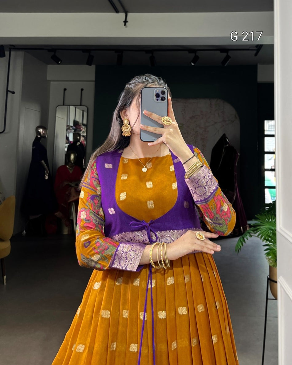 Kalamkari Print Poly Cotton Gown with Zari Weaving Work Border – G 217 Mustard