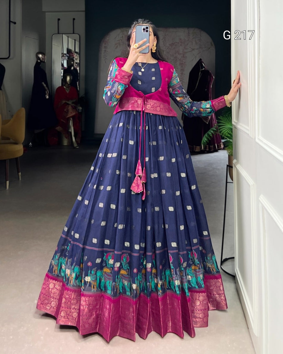 Kalamkari Print Poly Cotton Gown with Zari Weaving Work Border – G 217 Navi Blue