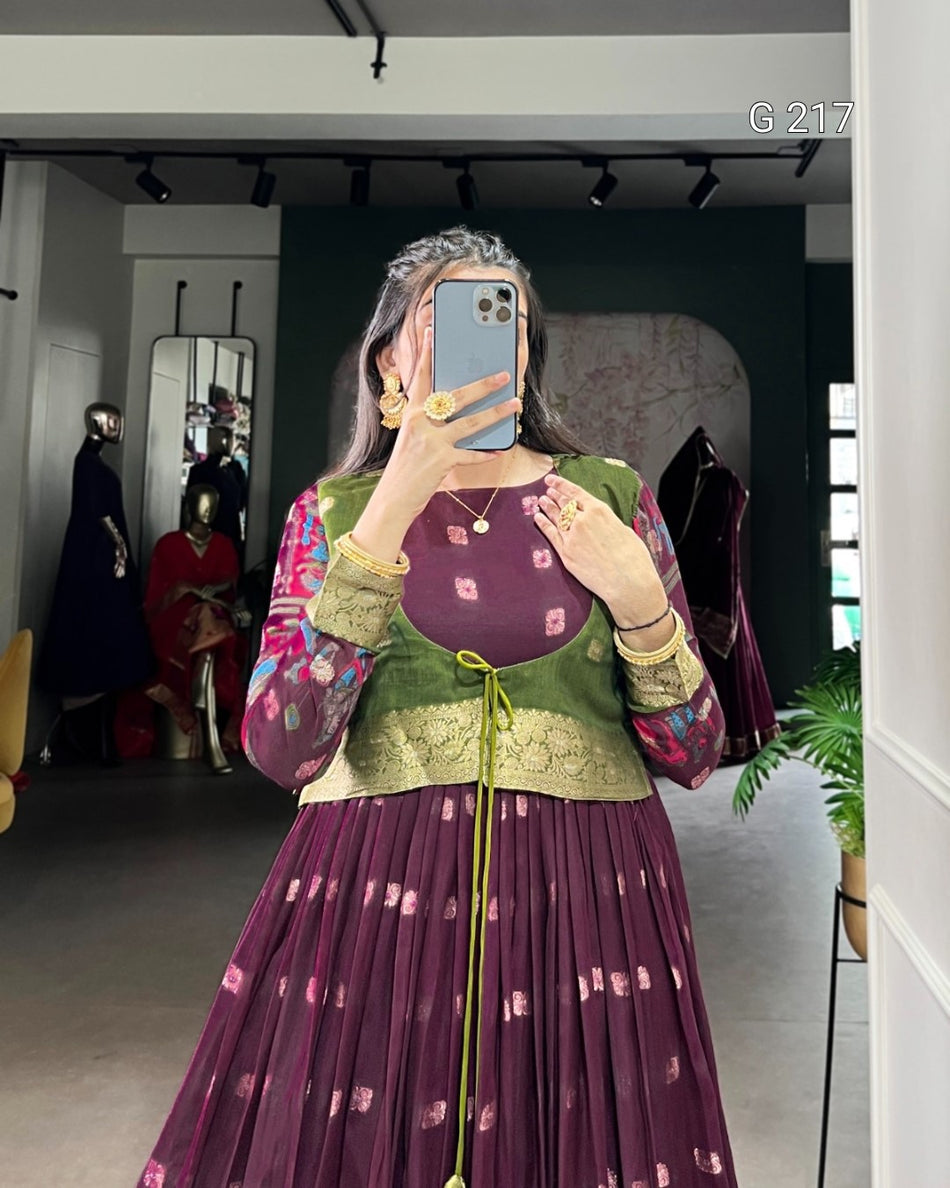 Kalamkari Print Poly Cotton Gown with Zari Weaving Work Border – G 217 Wine