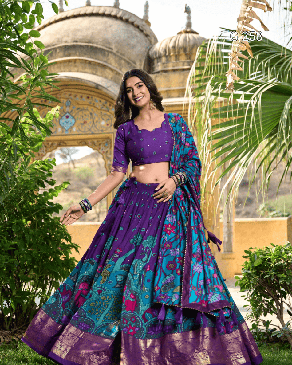 Kalamkari Print Tasar Silk Lehenga with Foil Work Border – G 261 Purple