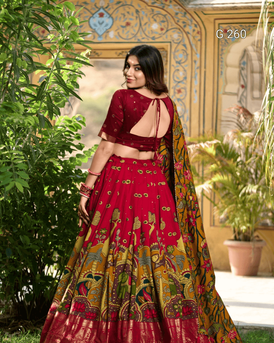 Kalamkari Print Tasar Silk Lehenga with Foil Work Border – G 261 Red