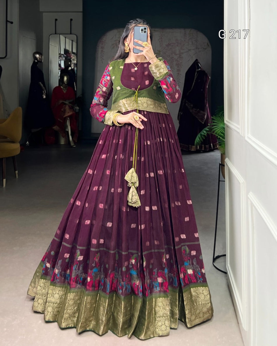 Kalamkari Print Poly Cotton Gown with Zari Weaving Work Border – G 217