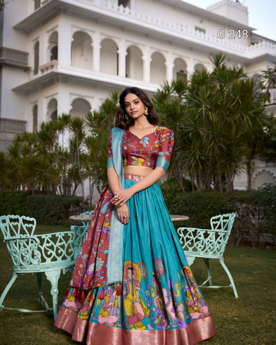 Kalamkari Printed Dola Silk Lehenga with Zari Weaving Border – G 248 Firozi