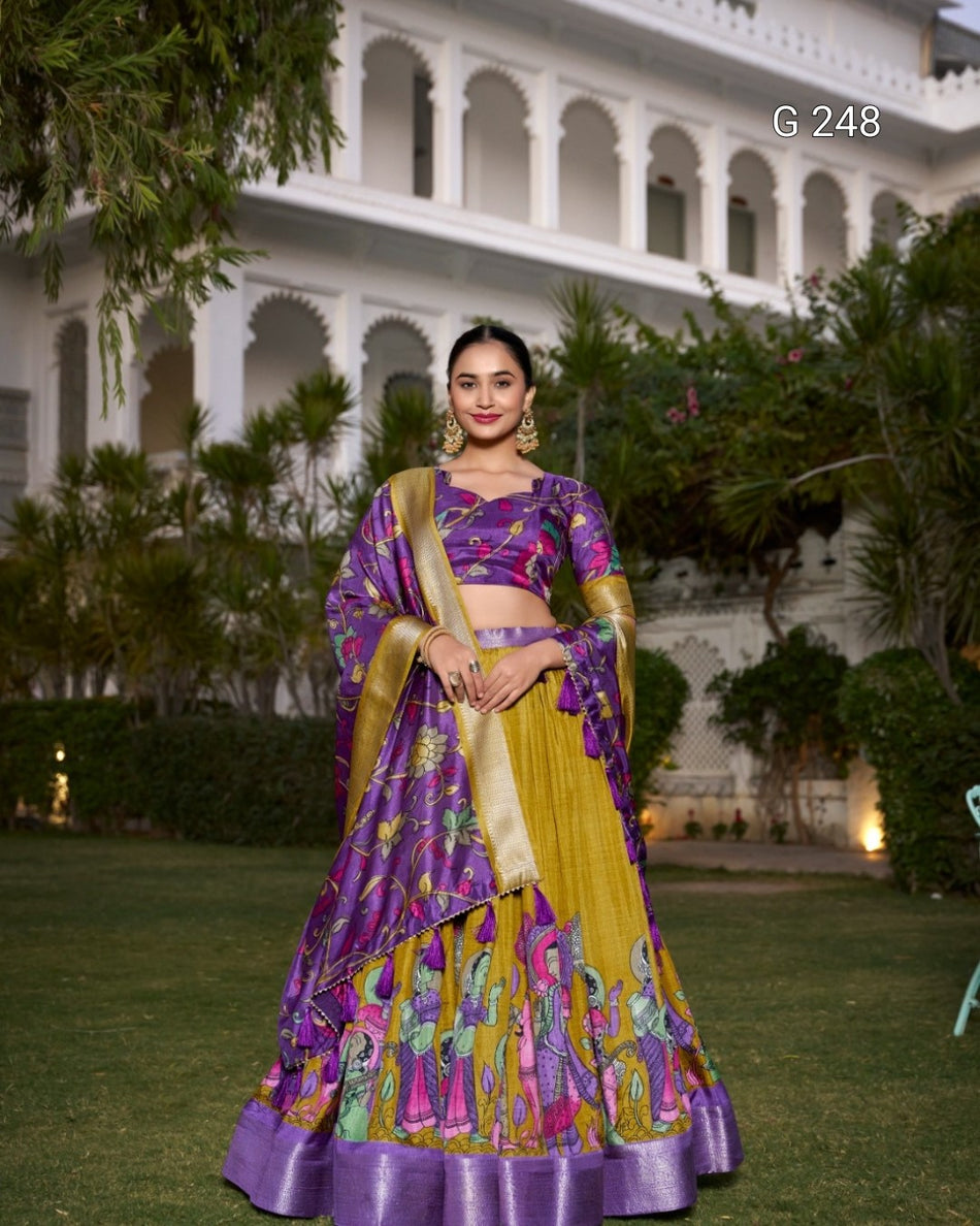 Kalamkari Printed Dola Silk Lehenga with Zari Weaving Border – G 248 Mustard