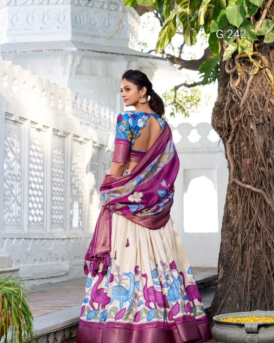 Kalamkari Printed Dola Silk Lehenga with Zari Weaving Border – G 242 Off White