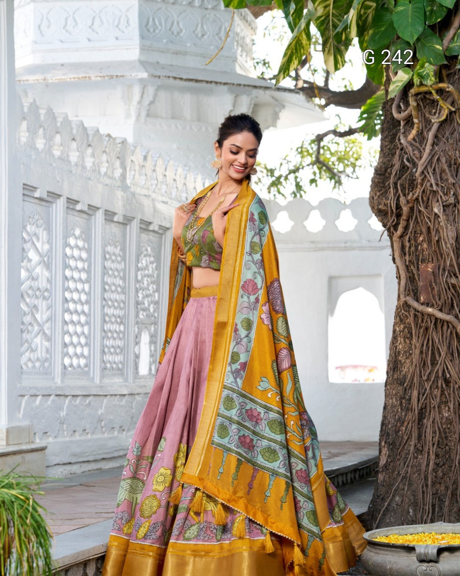 Kalamkari Printed Dola Silk Lehenga with Zari Weaving Border – G 242 Onion