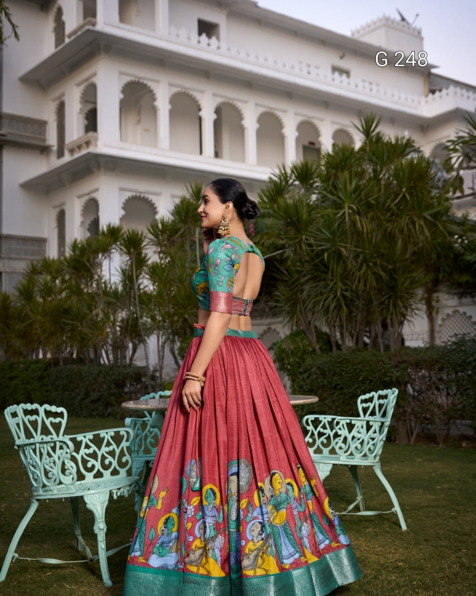 Kalamkari Printed Dola Silk Lehenga with Zari Weaving Border – G 248 Salmon