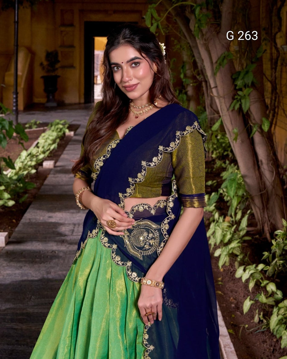 Kanchipuram Zari Work Lehenga with Sequins Dupatta – G 263 Navy Blue