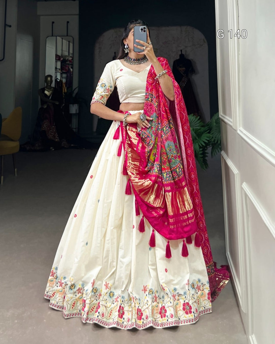 Floral Khadi Cotton Lehenga with Sequins & Thread Embroidery Work and Tassel Dupatta-G 140 Flower