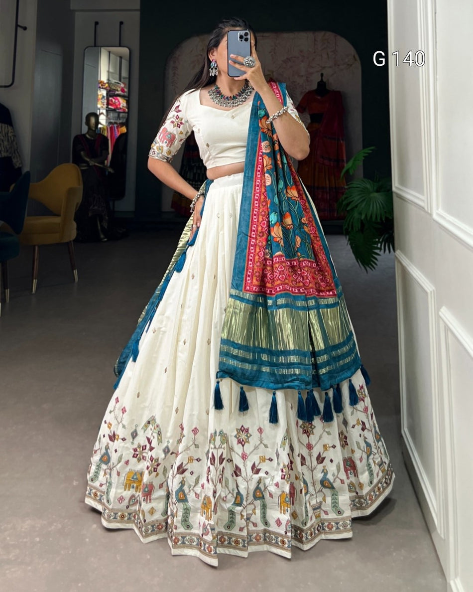 Peacock Khadi Cotton Lehenga with Sequins & Thread Embroidery Work and Tassel Dupatta-G 140 Peacock