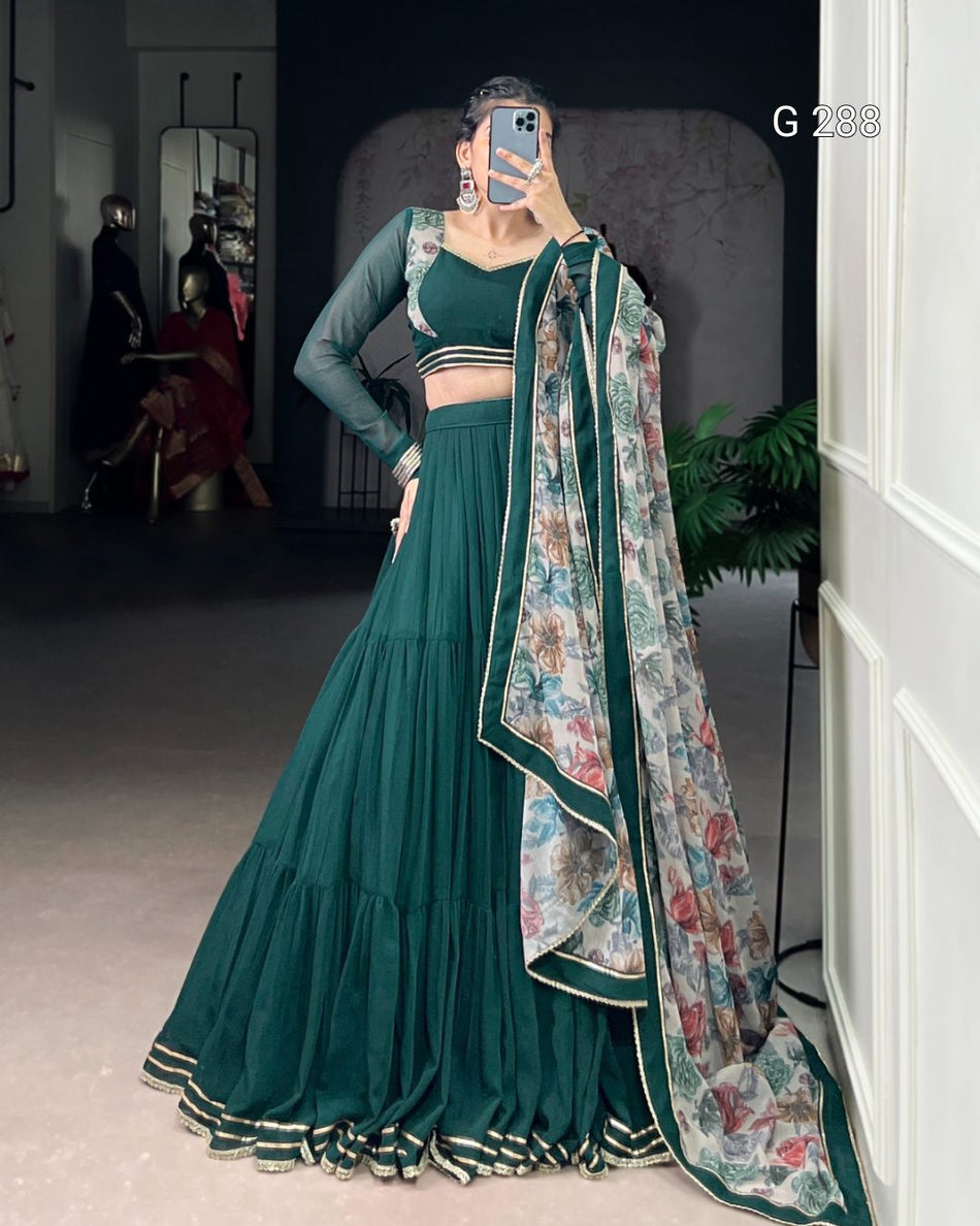 Marble Fabric Lehenga with Lace Touch Up & Floral Chiffon Dupatta - G 288 Green
