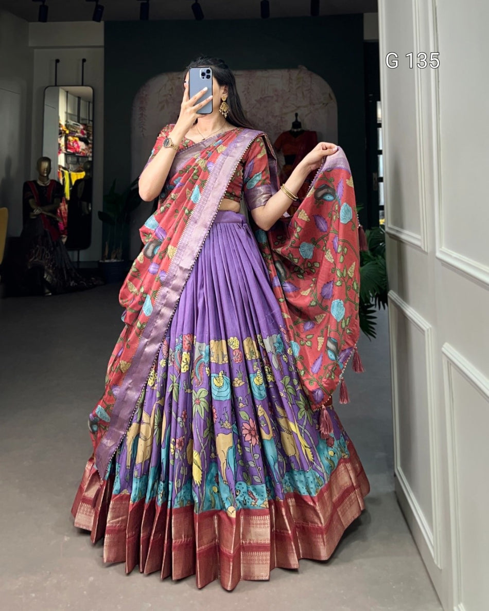 Dola Silk Kalamkari Printed Lehenga with Zari Weaving Border & Tassels – G 135 launder