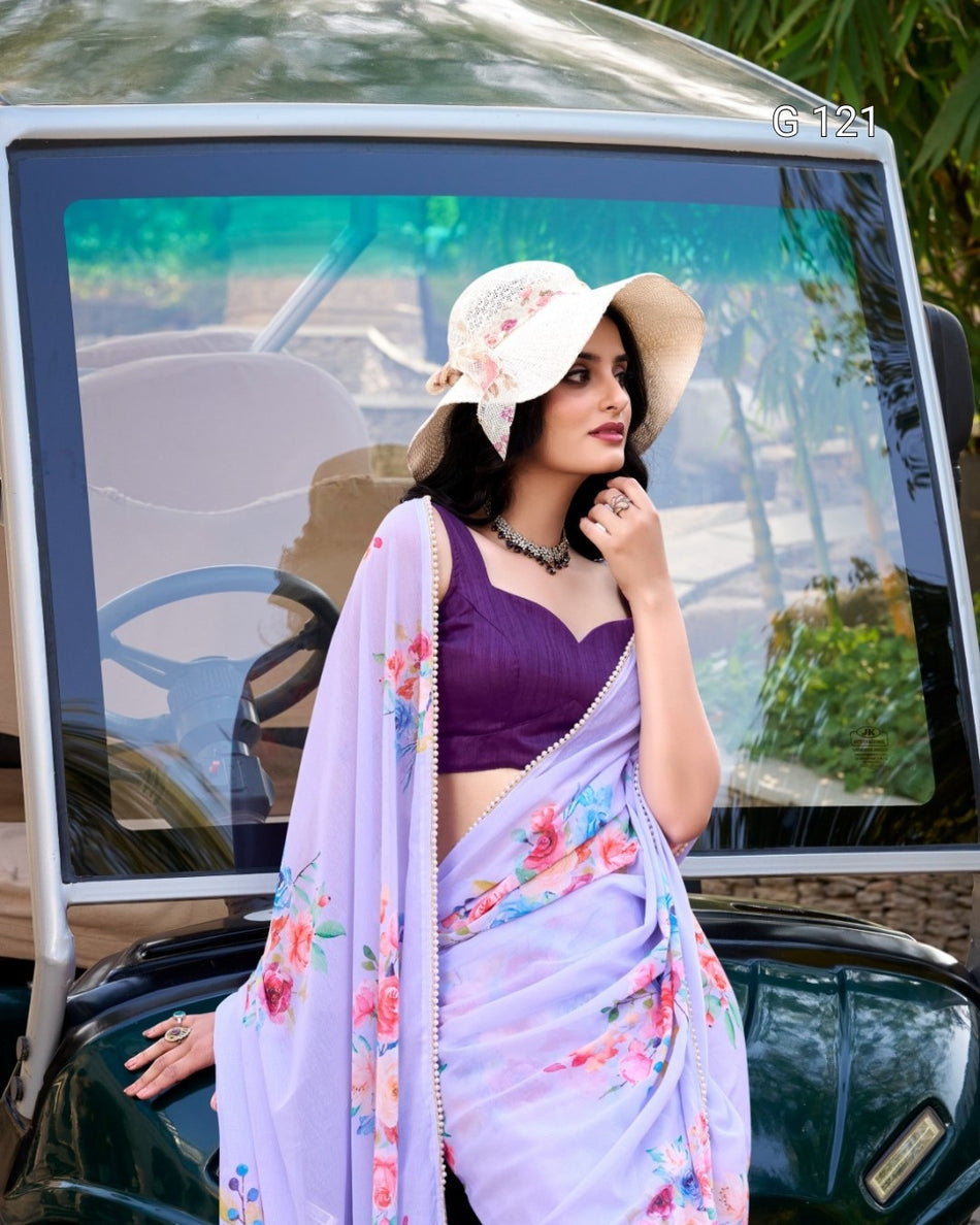 Floral Printed Weightless Marbal Saree with Pearl Lace Border – G 121 Launder