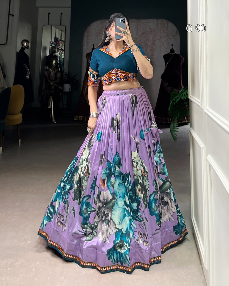 Tasar Silk Lehenga with Floral Print & Paper Mirror Lace Touch Up – G 90 Launder
