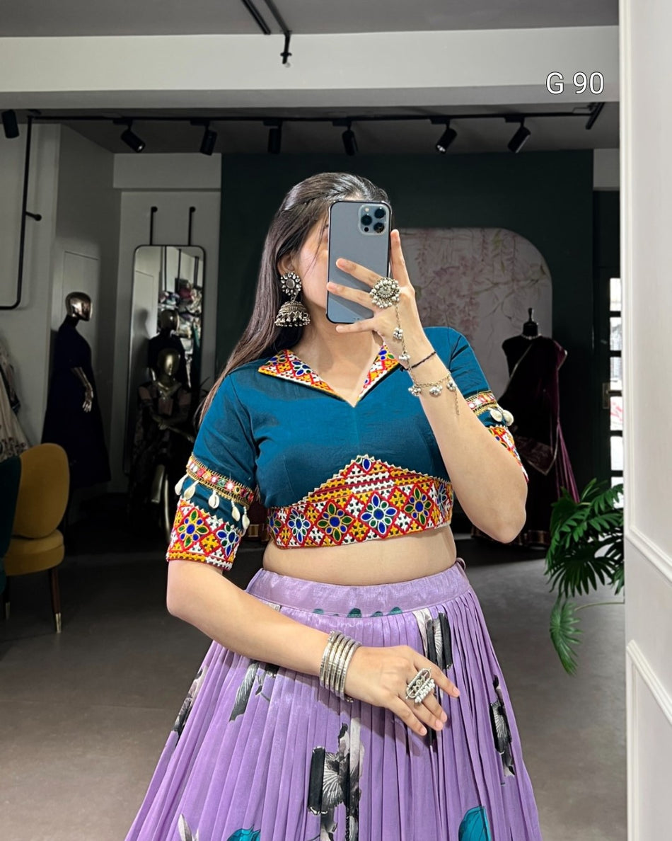 Tasar Silk Lehenga with Floral Print & Paper Mirror Lace Touch Up – G 90 Launder