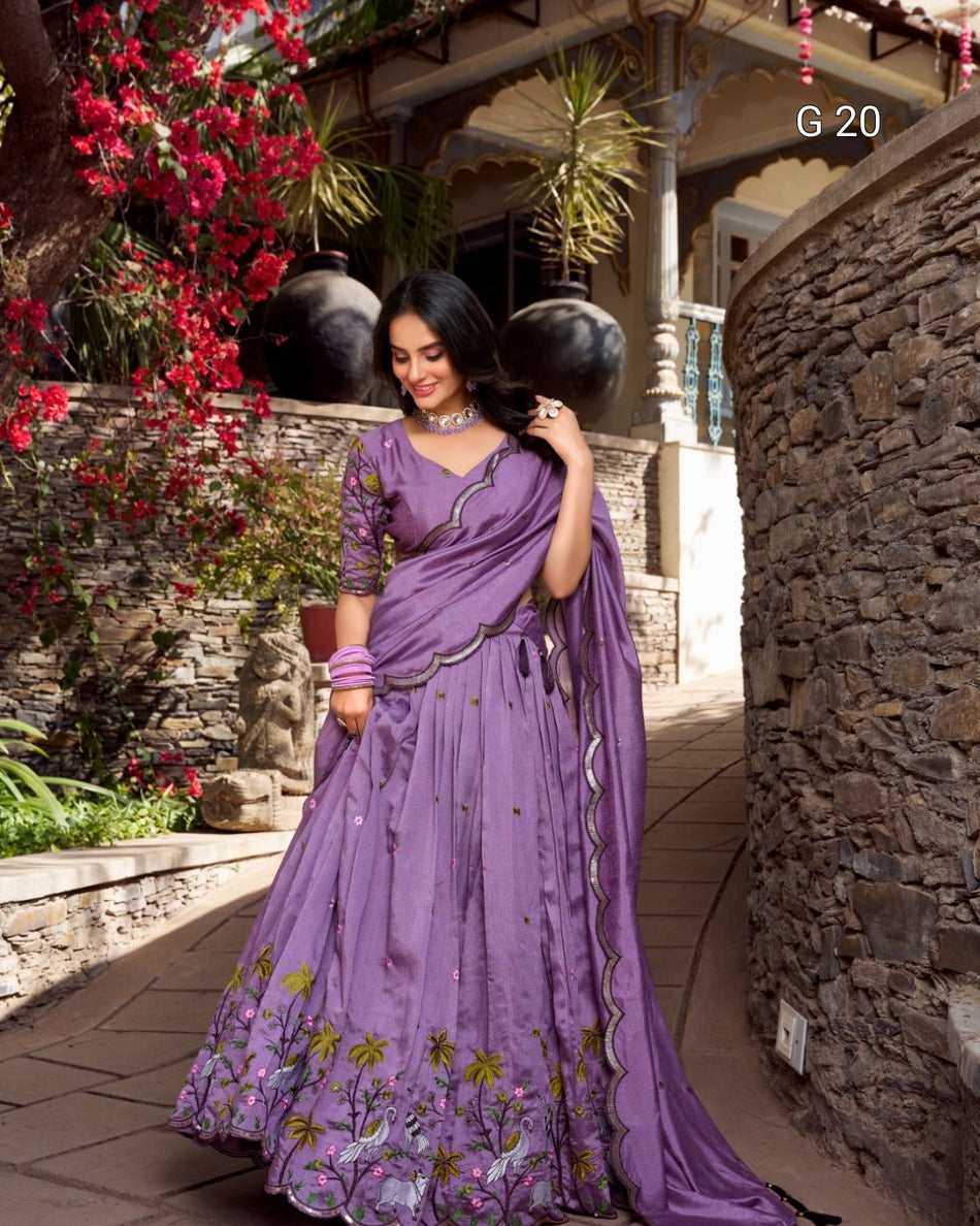 Lavender Vichitra Simmer Lehenga with Sequins & Thread Embroidery – G 20 Lavender