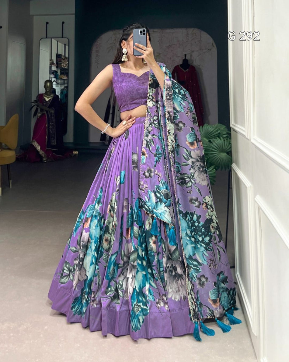 Floral Print Tasar Silk Lehenga with Lace Touch Up & Gotta Patti Dupatta – G 292 Lavender