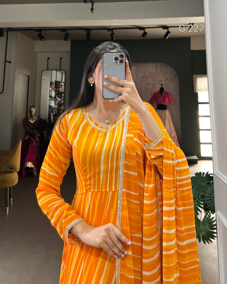 Leheriya Georgette Gown with Lace Touch Up – G 227 Yellow