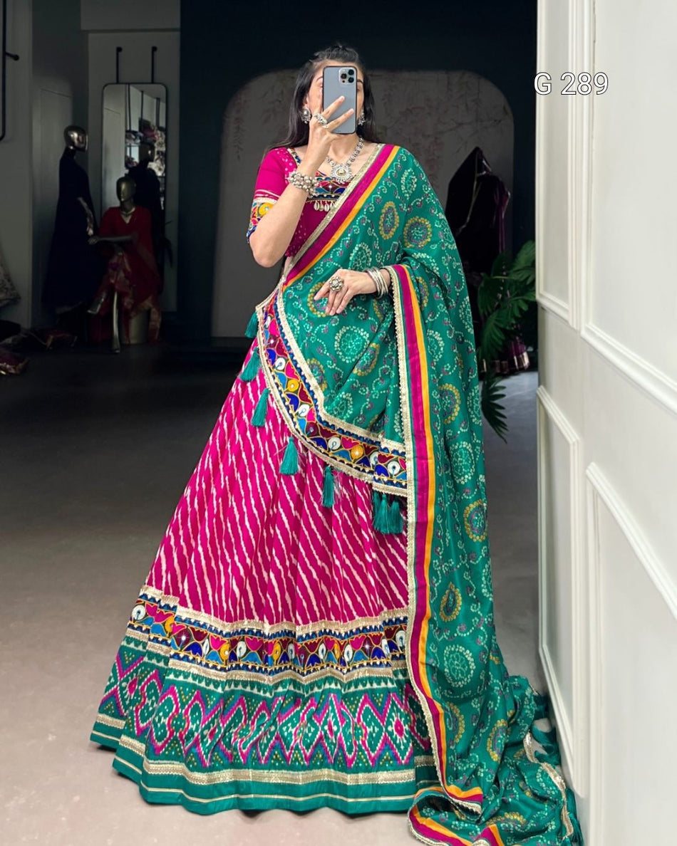 Leheriya Tussar Silk Lehenga with Patola Print Border & Mirror Gamthi Work – G 289 Pink