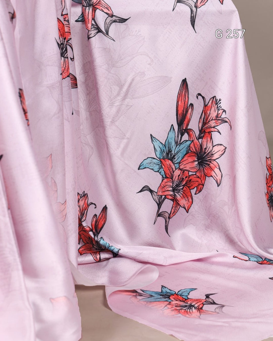 Floral Printed Satin Silk Saree – G 257 Light Pink