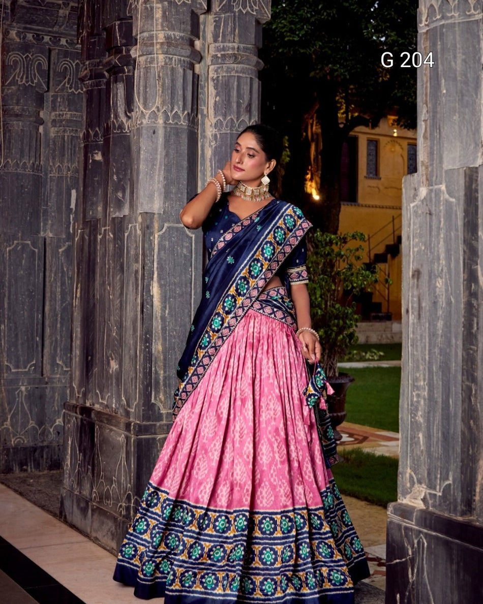 Ikkat Print Tasar Silk Lehenga with Sequins & Thread Embroidery Lace Blouse – G 204