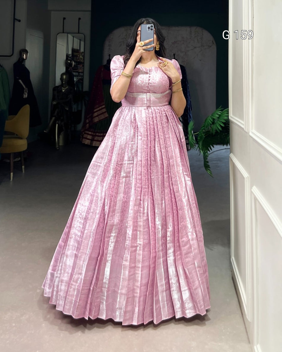 Elegant Light Pink Kanjivaram Gown & Koti Set with Zari Weaving & Lace Touch Up-G 159 Light Pink