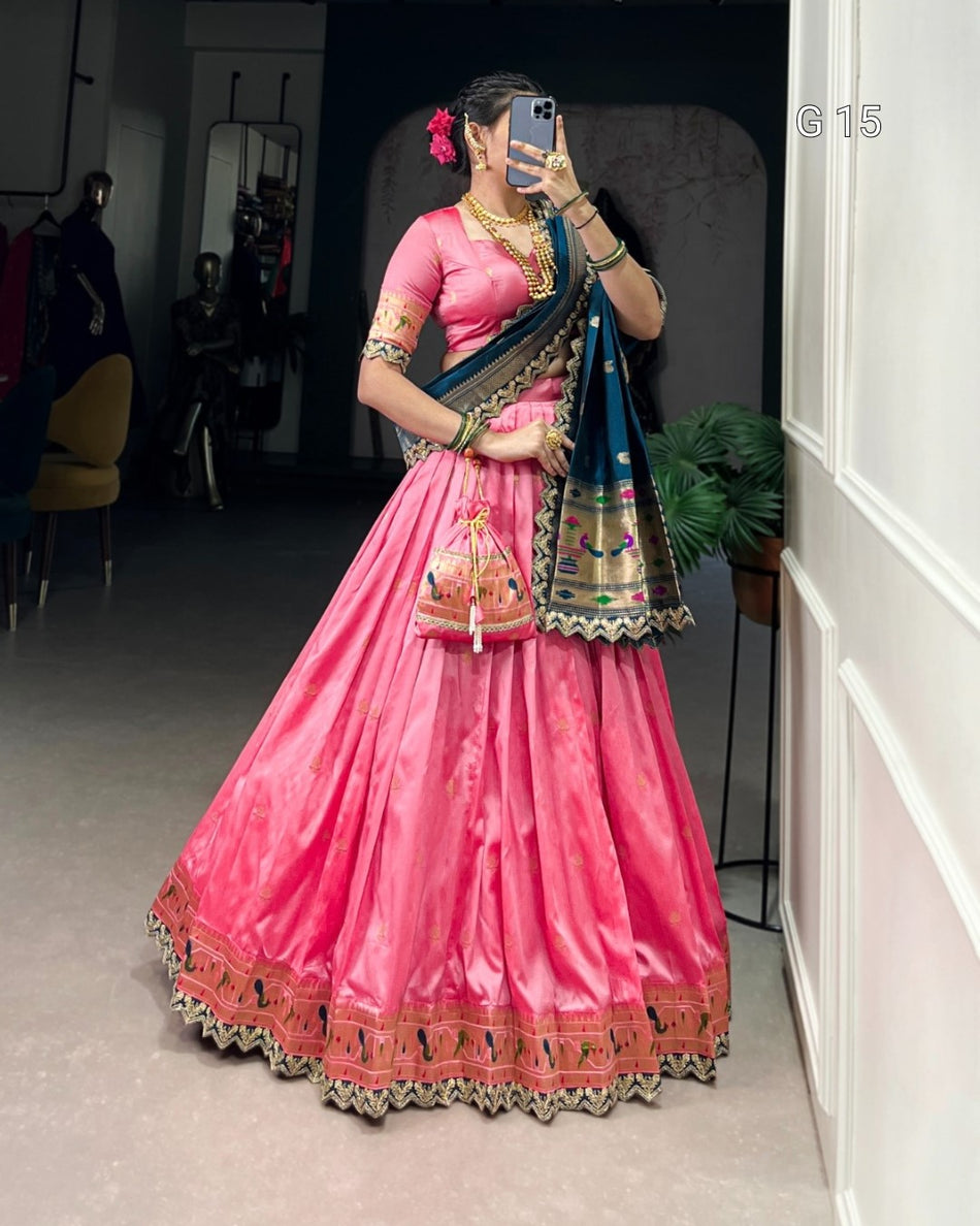 Light Pink Jacquard Silk Lehenga with Zari Weaving & Sequins Work – G 15 Light Pink
