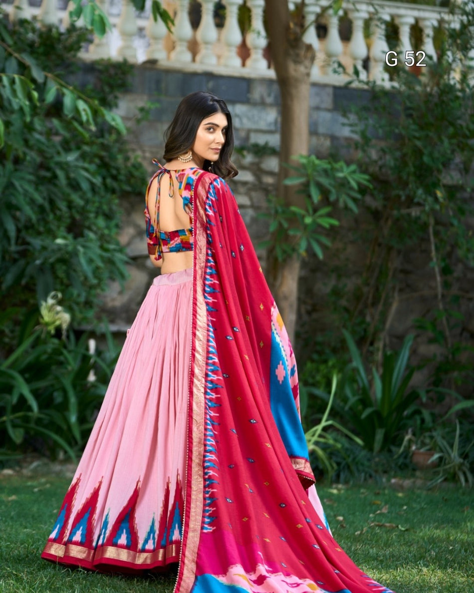 Printed Foil Work Tussar Silk Lehenga with Tassels – G 52 Light Pink