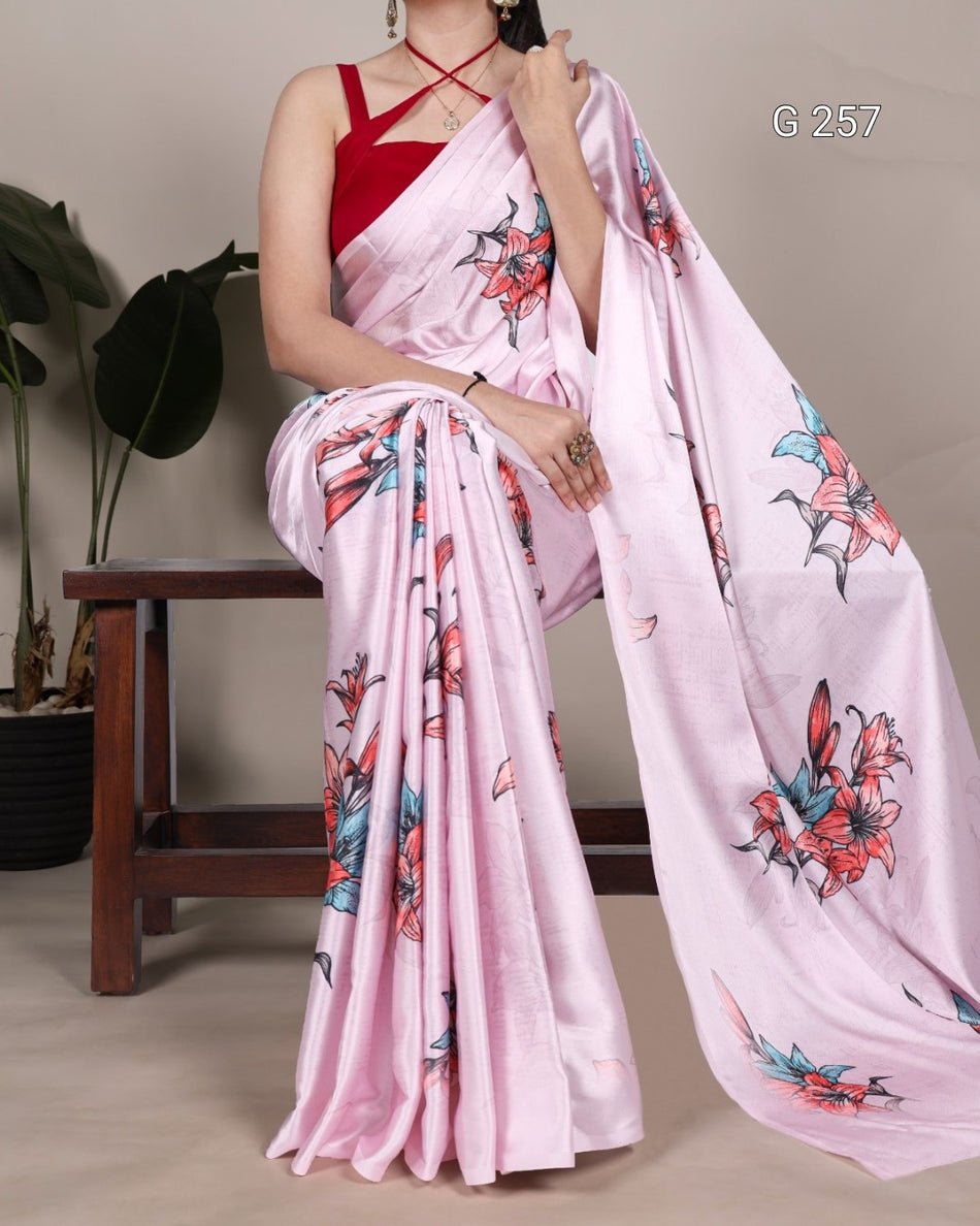 Floral Printed Satin Silk Saree – G 257 Light Pink