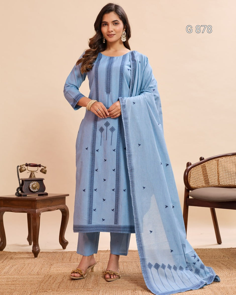 Designer Cotton Kurti Pant Dupatta Set G 878