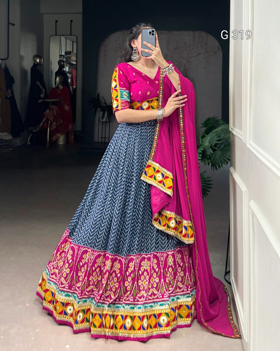 Tasar Silk Lehenga with Foil & Real Mirror Gamthi Work – G 319