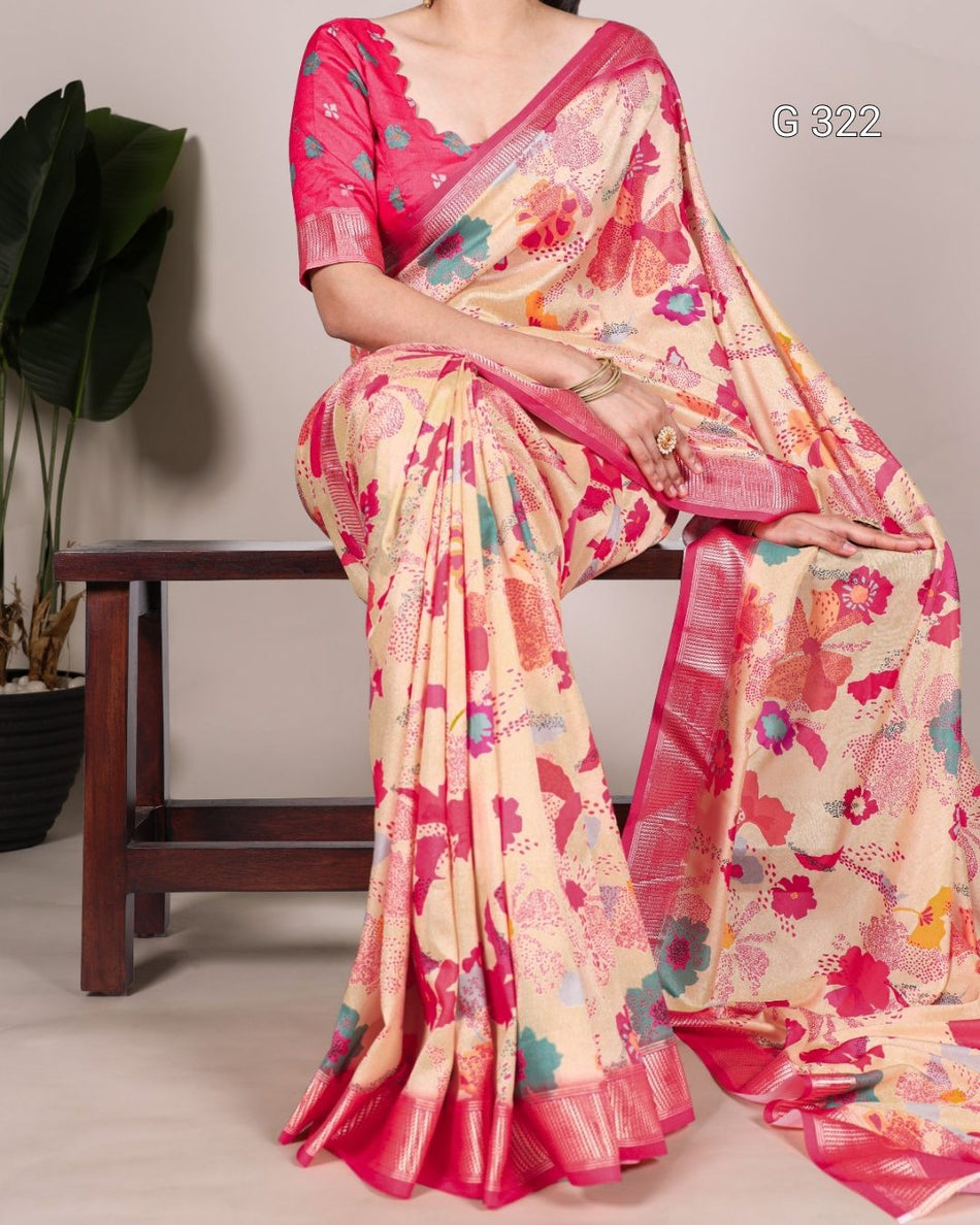 Tussar Silk Saree with Viscose Border & Printed Work – G 322