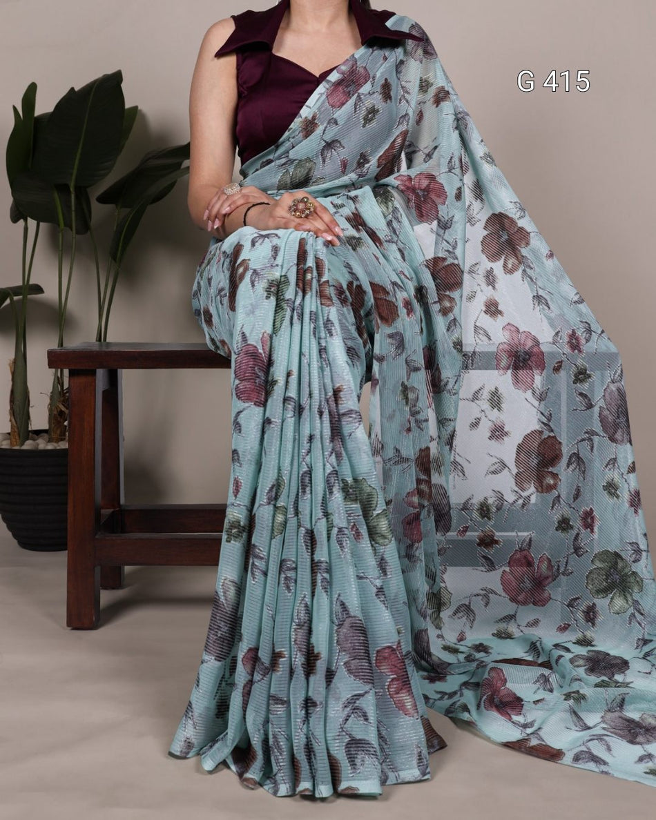 Floral Viscose Brasso Saree with Plain Silk Blouse – G 415