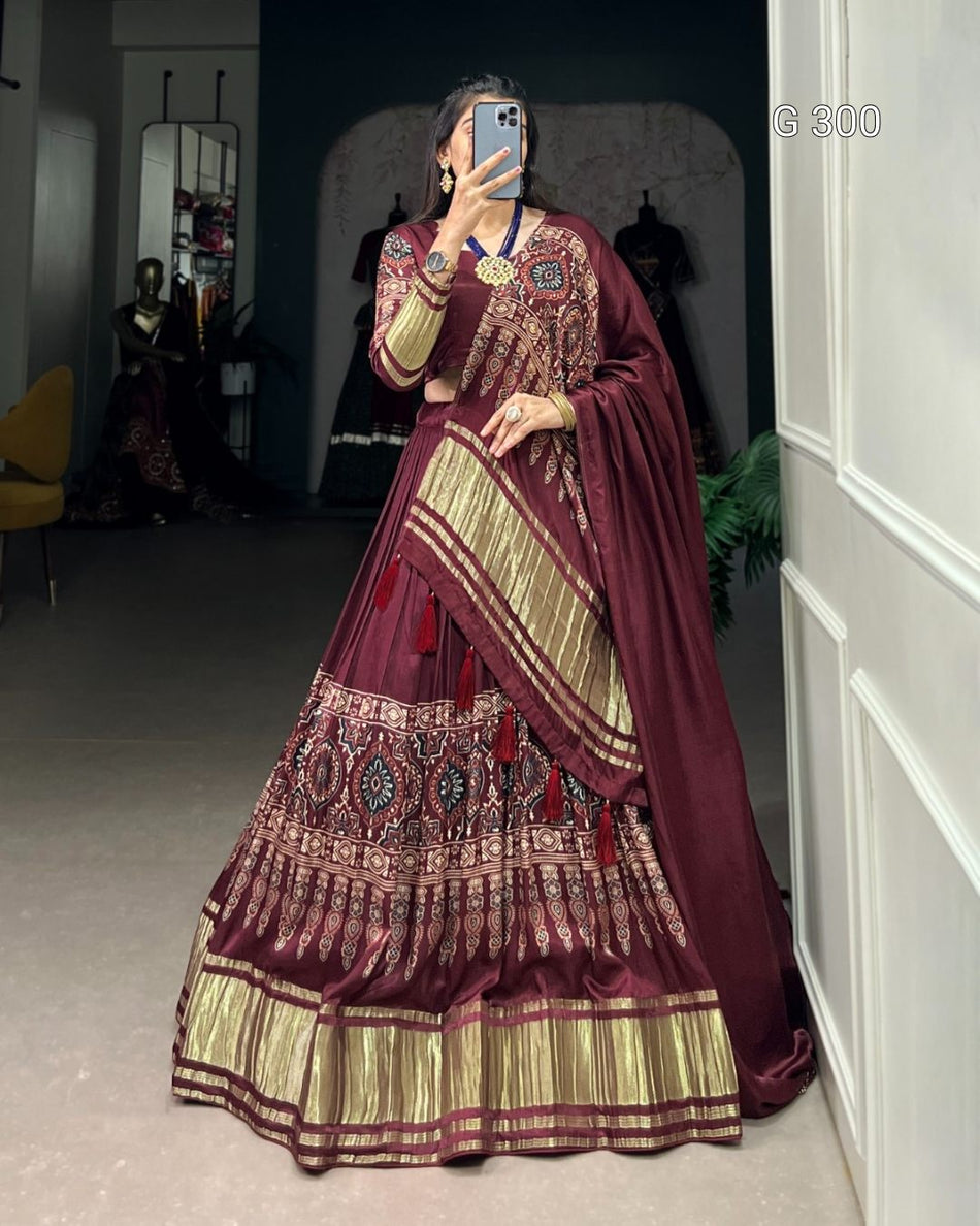 Digital Print Gaji Silk Lehenga with Lagadi Patta & Tassels – G 300