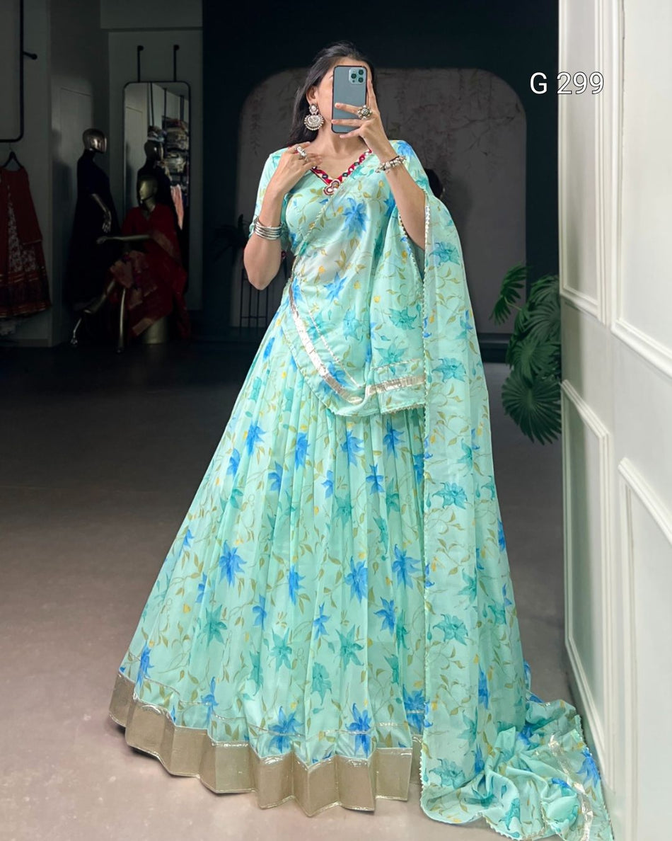 Floral Print Tabby Silk Lehenga with Lace & Mirror Work – G 299