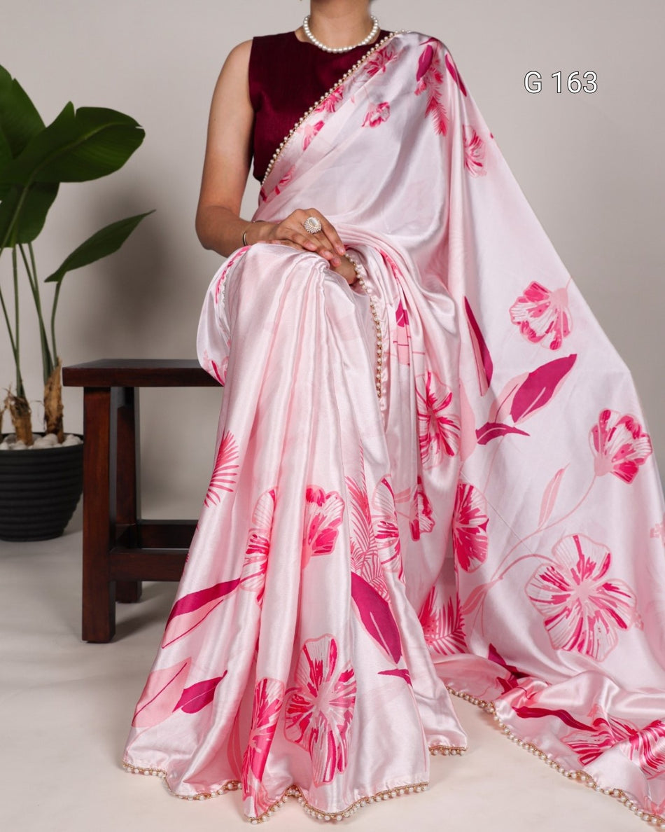 Peach Satin Silk Saree with Floral Print & Pearl Lace Border-G 163