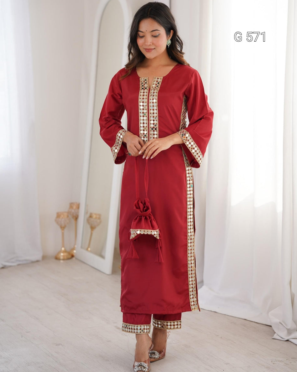 Designer Kurti Pant Set with Mirror Detail - G 571