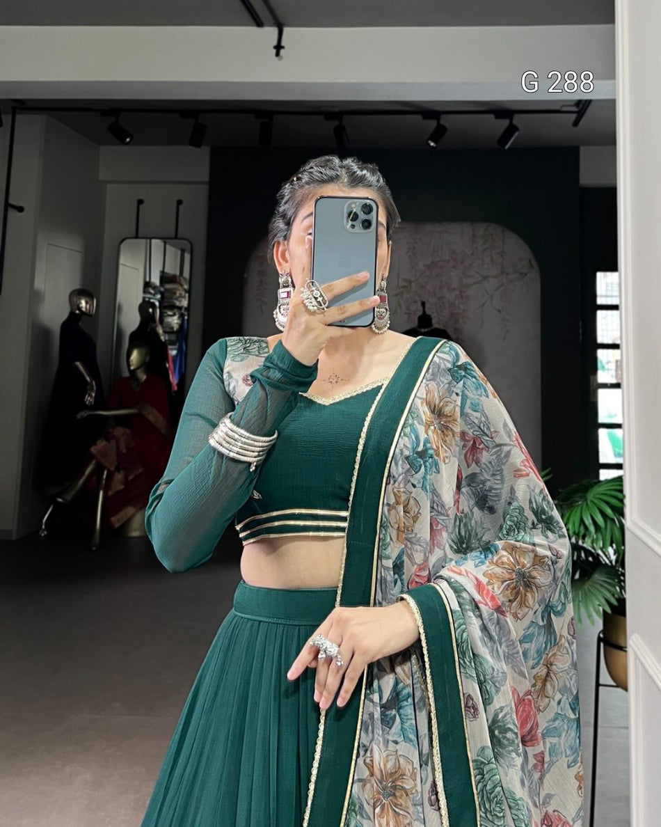 Marble Fabric Lehenga with Lace Touch Up & Floral Chiffon Dupatta - G 288 Green