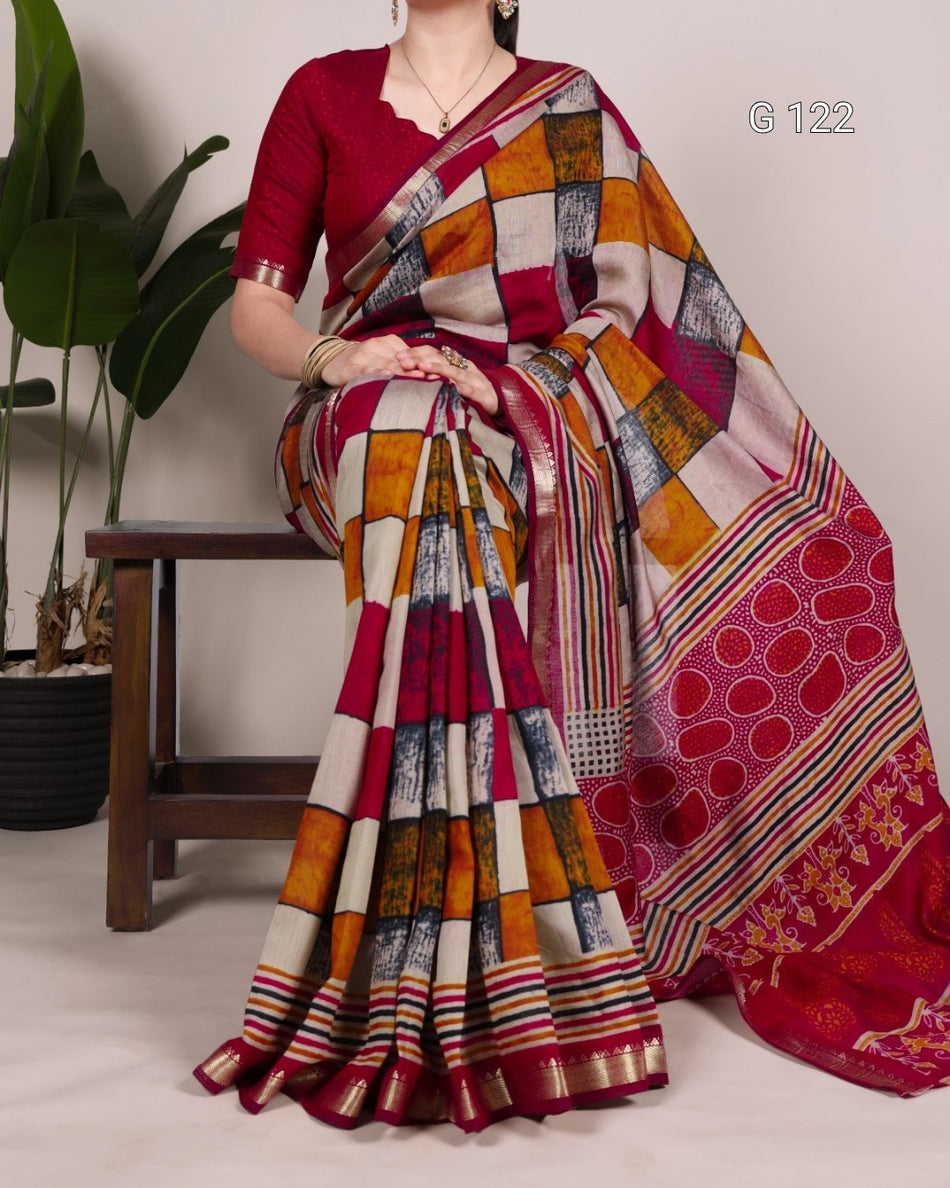 Printed Polyester Viscose Chanderi Saree with Temple Border – G 122