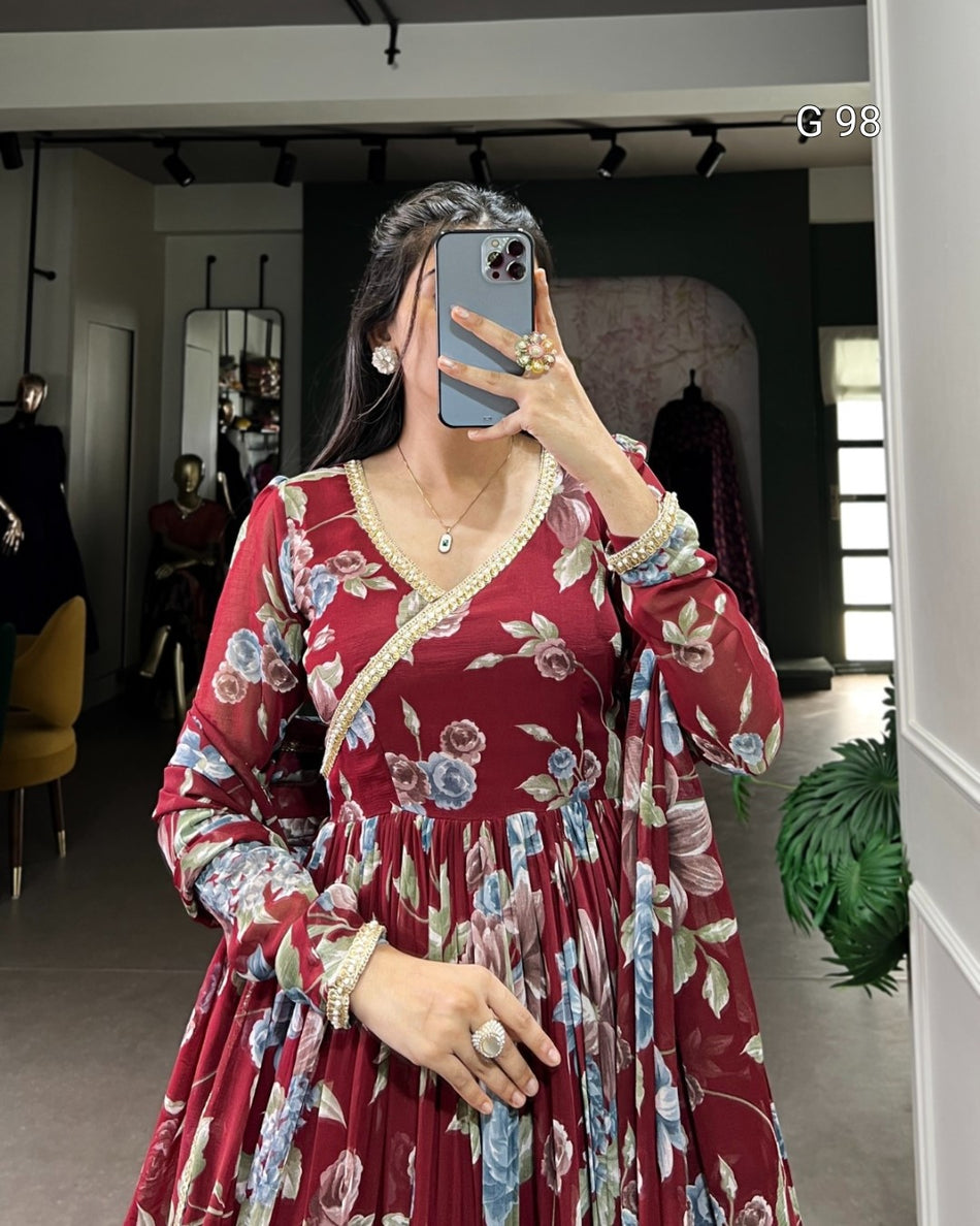 Floral Printed Marbel Gown with Lace Touch Up – G 98 Maroon