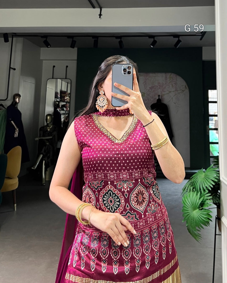 Gaji Silk Top with Printed Handwork & Georgette Plazo – G 59 Maroon