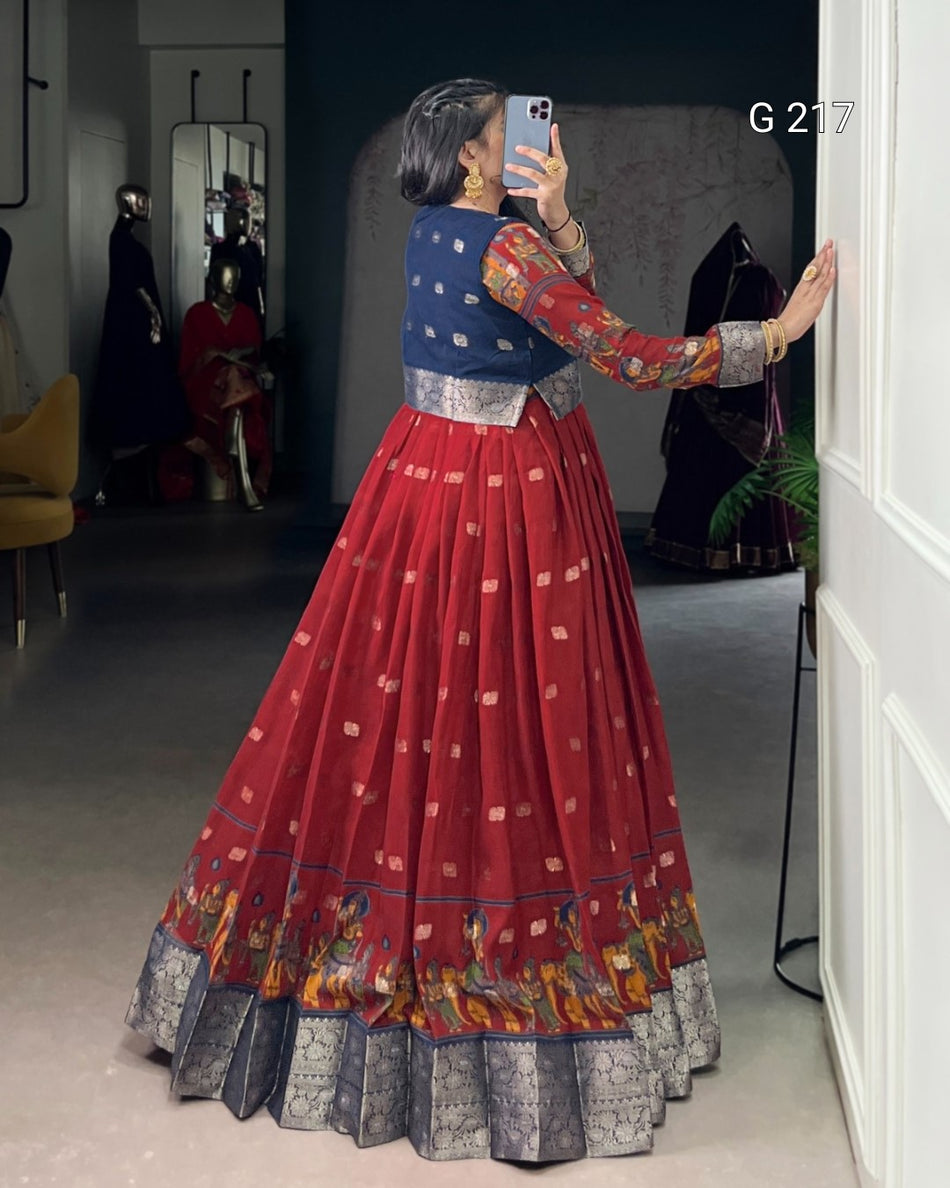 Kalamkari Print Poly Cotton Gown with Zari Weaving Work Border – G 217 Maroon