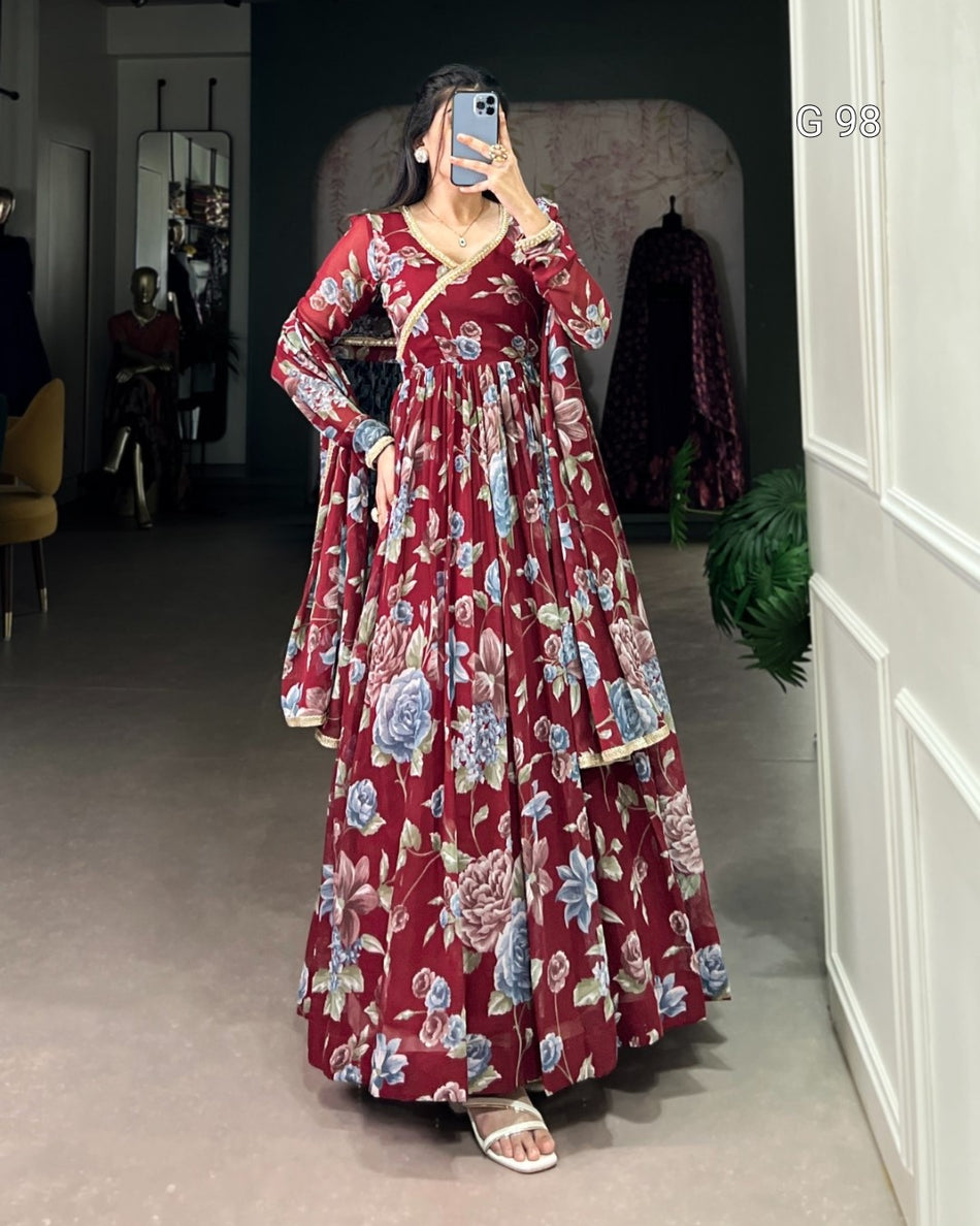 Floral Printed Marbel Gown with Lace Touch Up – G 98 Maroon