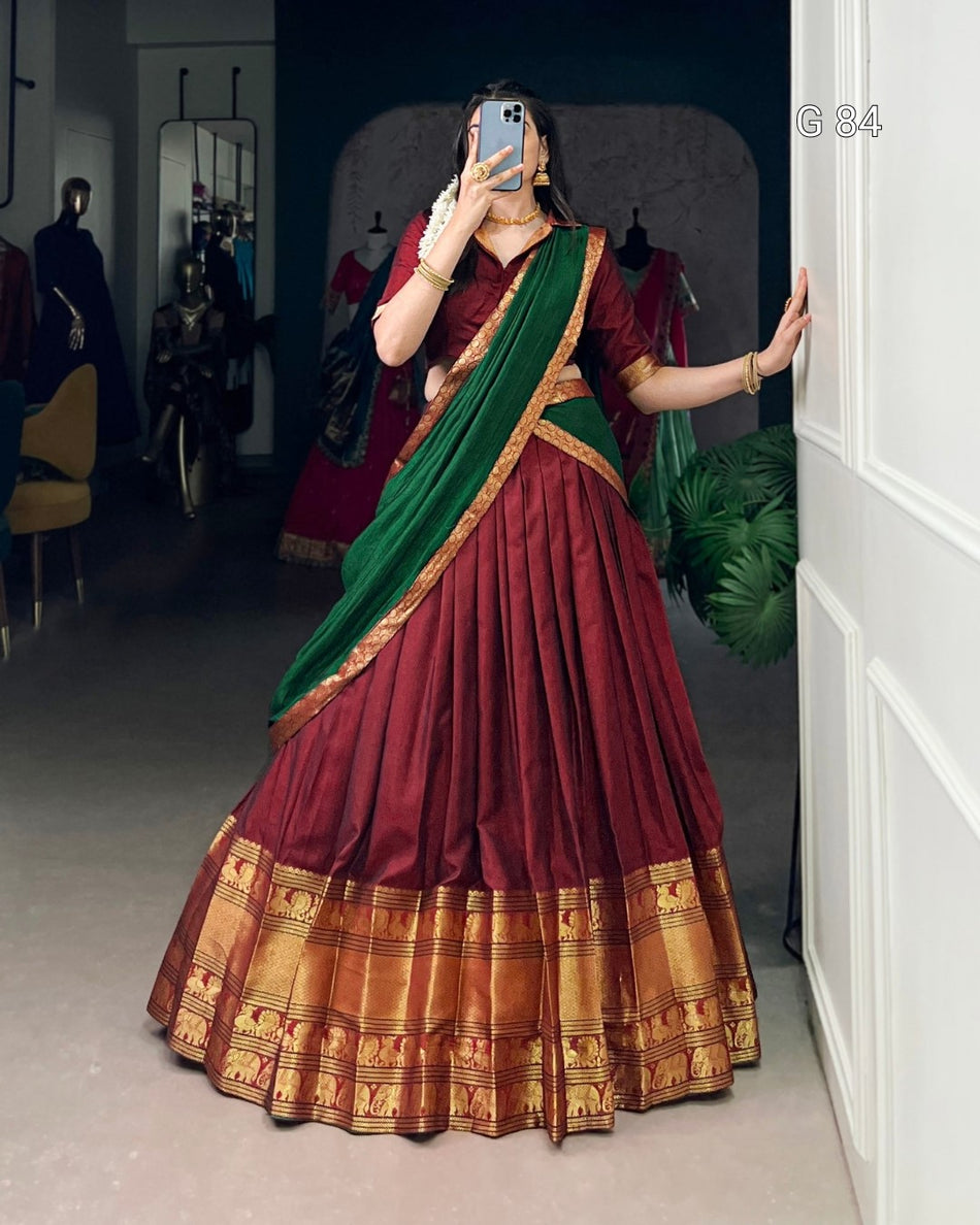 Narayan Pet Cotton Lehenga with Zari Weaving Work – G 84 Maroon