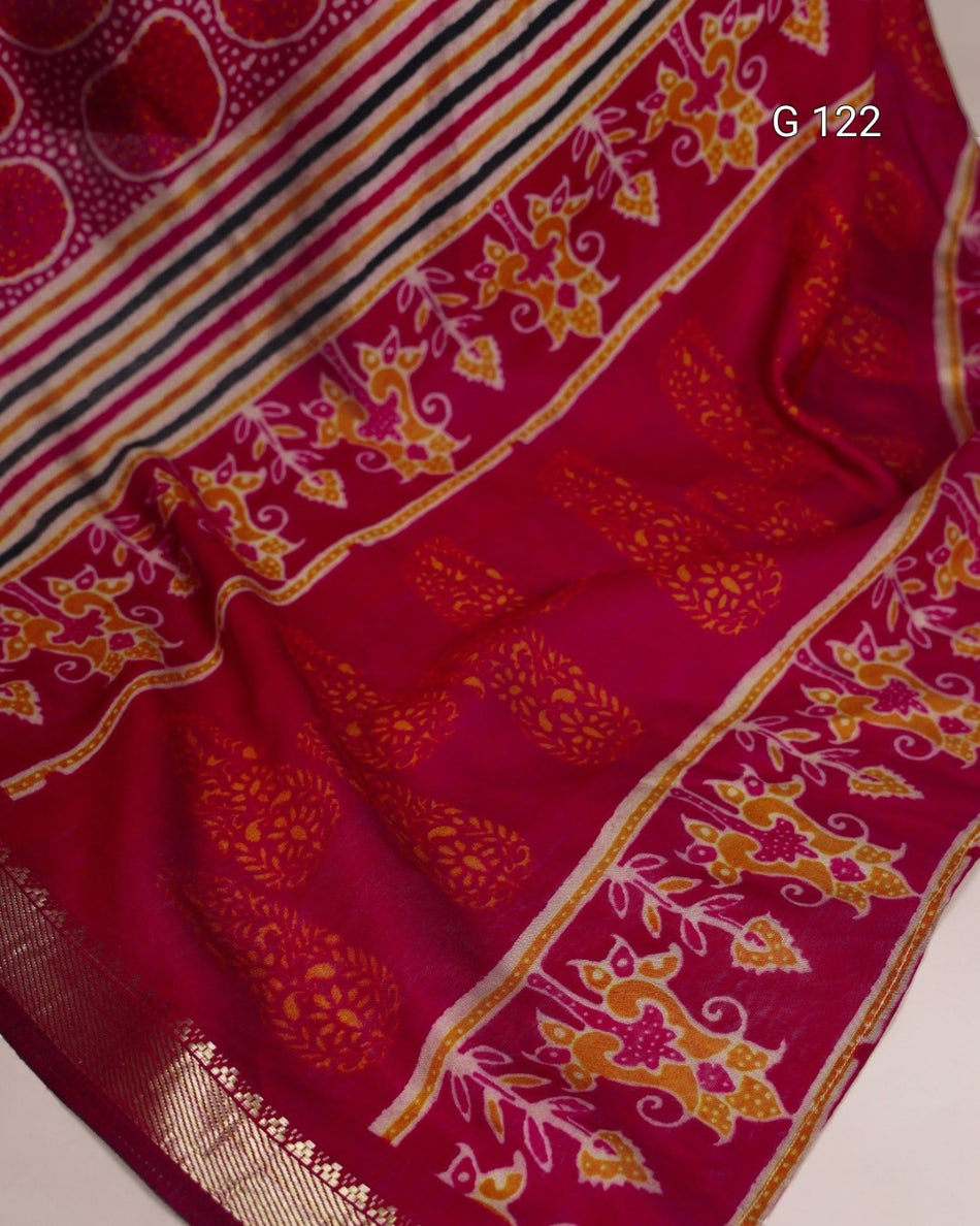 Printed Polyester Viscose Chanderi Saree with Temple Border – G 122 Maroon