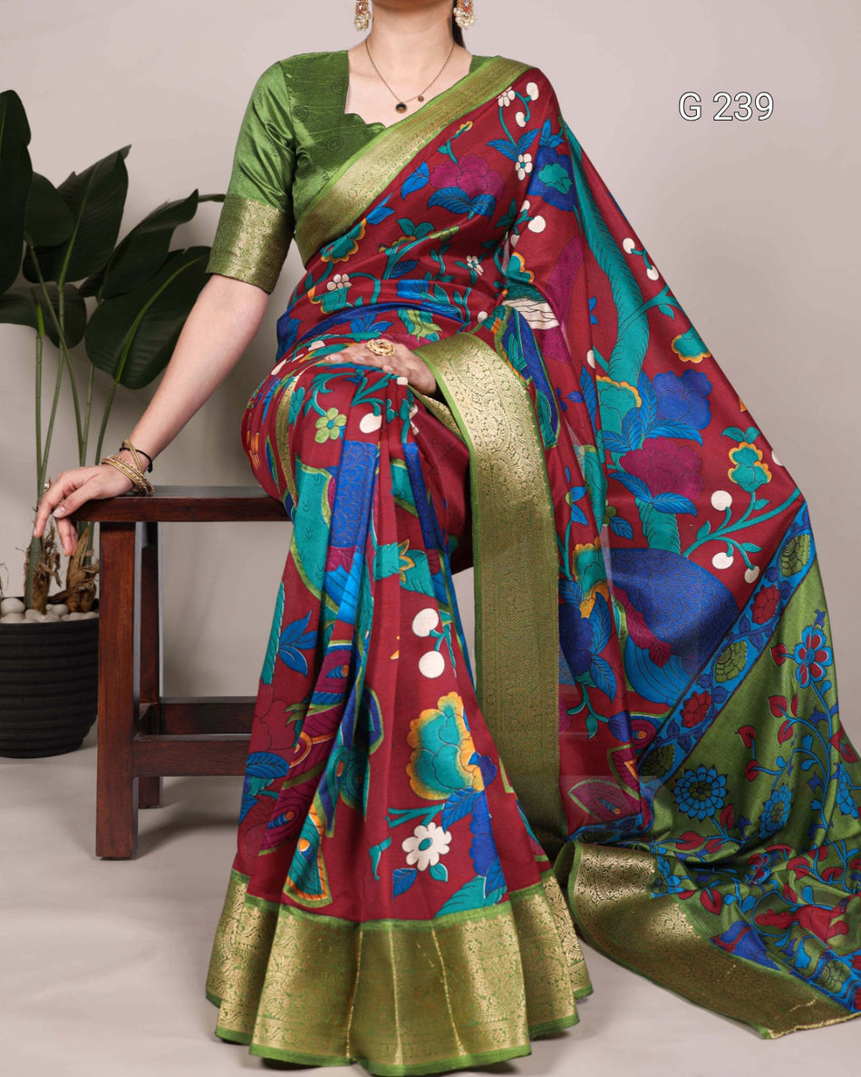 Printed Zari Weaving Tasar Silk Saree – G 239 Maroon
