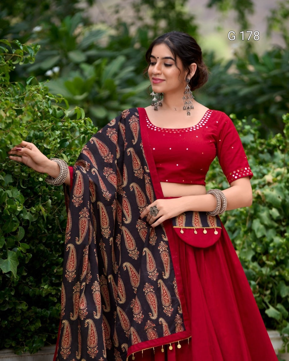 Maroon Pure Cotton Lehenga with Gota Patti Touch-Up & Real Mirror Work, Coin Lace Border Dupatta – G 178 Maroon